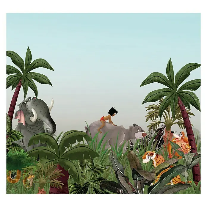 Komar Disney Edition 4 Fototapete Jungle Book - 6 -tlg., B x H: 300 x 280 cm, Vlies - Dschungelbuch-Illustration mit Mowgli auf Balu, umgeben von üppiger Vegetation und anderen Dschungelbewohnern.