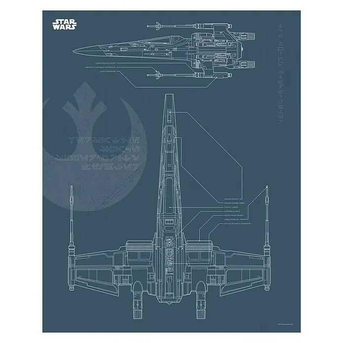 Komar Star Wars Poster Blueprint X-Wing - Star Wars, B x H: 50 x 70 cm - Blaupause des Star Wars X-Wing-Jägers mit technischem Detail und dem Rebellen-Symbol im Hintergrund.