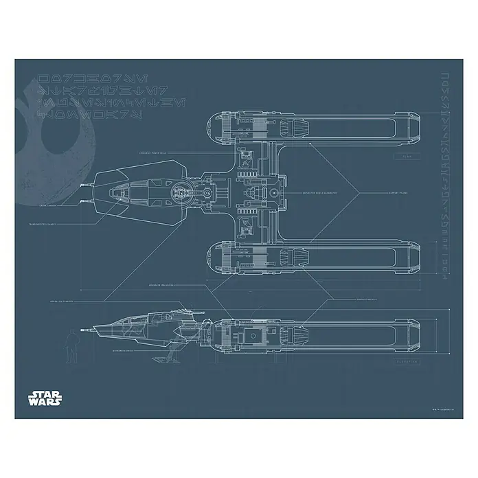 Komar Star Wars Poster EP9 Blueprint Y-Wing - Star Wars, B x H: 40 x 30 cm - Star Wars Y-Wing Sternenjäger Bauplan mit blauen Linien und Beschriftungen, ein detaillierter technischer Entwurf des Raumschiffs.