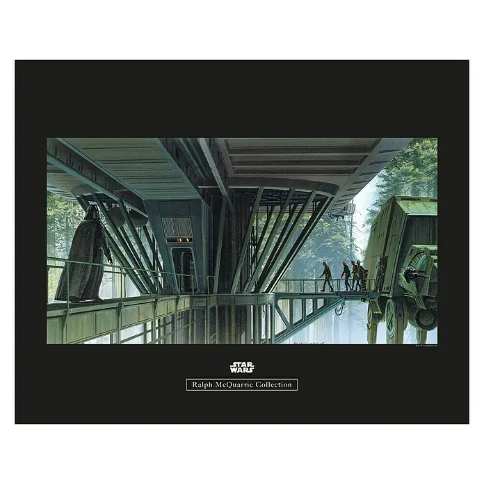 Komar Star Wars Poster RMQ Endor Dock - Star Wars, B x H: 70 x 50 cm - Ralph McQuarrie Collection: Darstellung von Darth Vader auf einer Waldplattform mit imperialen Truppen und AT-ATs.