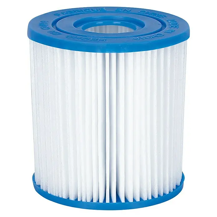 myPool Filterkartusche Simple - Höhe: 10 cm - Nahaufnahme eines Poolfiltereinsatzes mit blauen Endkappen und gefaltetem, weißem Filterpapier.