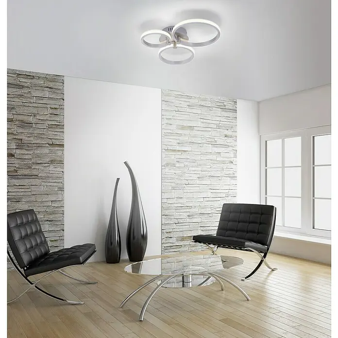 Just Light LED-Deckenleuchte Johanna - 18 W, L x B x H: 49 x 40 x 8 cm, Silber, Warmweiß - Modernes Wohnzimmer mit einem runden Deckenleuchte mit drei Ringen, das für eine stilvolle Beleuchtung sorgt.