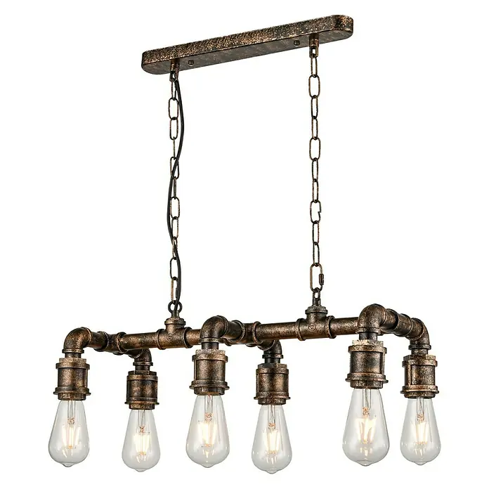 Tween Light Tana Pendelleuchte - Höhe: 150 cm - Industrie-Hängelampe mit sechs Glühbirnen und Rohrelementen, die einen rustikalen Charme versprühen. Sie hängt an Ketten von einer Deckenplatte.