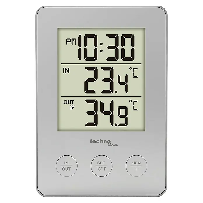Technoline Thermometer WS 9175 - LC-Display, Batteriebetrieben, Grau, 2,2 x 7,6 x 11 cm - Elektronisches Thermometer von Techno Line, das die Innen- und Außentemperatur sowie die Uhrzeit anzeigt.