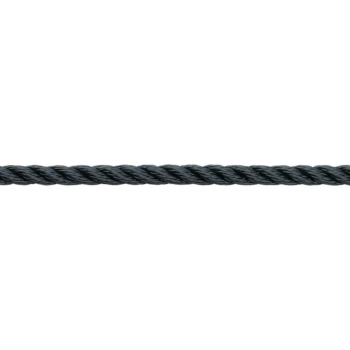 Robline Festmacherleine Rapallo - 12 mm, 10 m, Navy-Blau, Polyester - Nahaufnahme eines robusten, schwarzen Seils, das sich horizontal durch das Bild zieht und dessen Textur und Stärke betont.