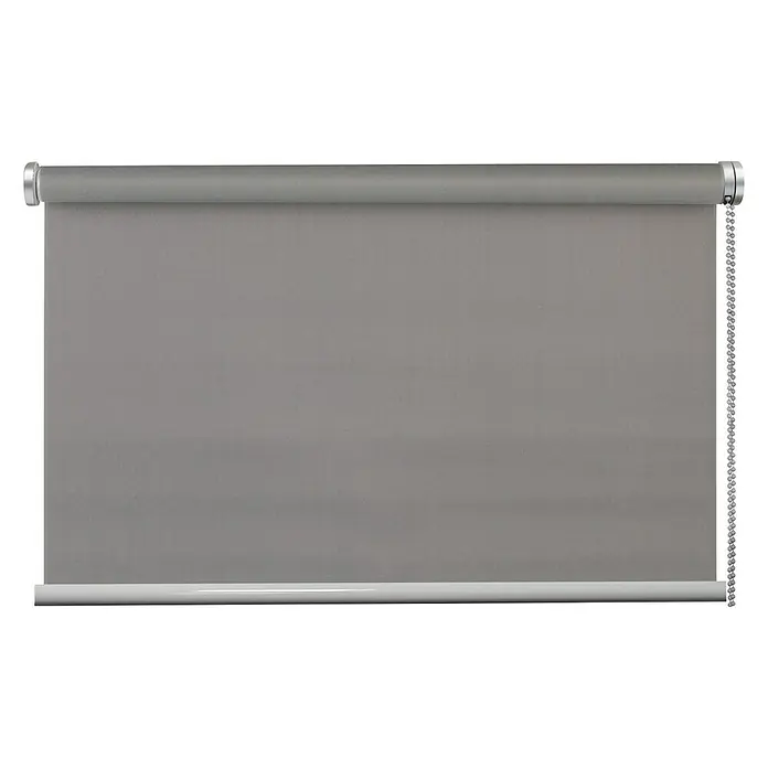 Rollo Prime - B x H: 120 x 150 cm, Grau, Uni, Montageart: Klemmen, Tageslichtdurchlässig - Eine heruntergezogene, graue Rollmarkise. Die Rollmarkise verfügt über eine Kette an der Seite zur Bedienung.