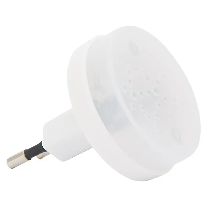 Orientierungslicht - 0,2 W, Weiß, Ø x H: 48 x 55 mm - Nahaufnahme eines weißen, runden Nachtlichts mit Stecker. Das Licht hat ein dezentes Punktmuster.