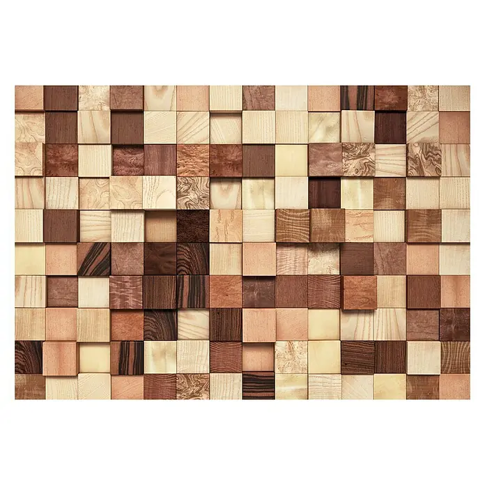 Komar Imagine Edition 3 - Stories Fototapete Lumbercheck - 8 -tlg., B x H: 368 x 254 cm, Papier - Wandpaneel aus quadratischen Holzblöcken in verschiedenen Farbtönen und Texturen, die ein einzigartiges, strukturiertes Design bilden.