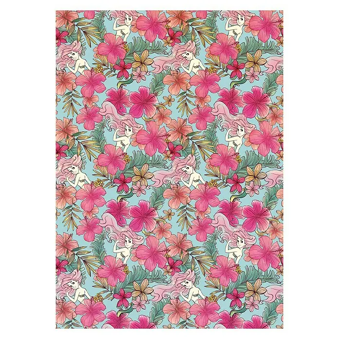 Komar Disney Edition 4 Fototapete Ariel Pink Flower - 4 -tlg., B x H: 200 x 280 cm, Vlies - Ein tropisches Muster mit rosa Hibiskusblüten und Meerjungfrauen, ideal für farbenfrohe Stoffe und verspielte Designs.