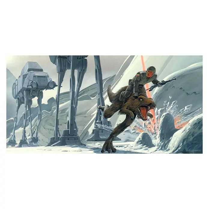 Komar Star Wars Fototapete RMQ Hoth Battle Ground - 10 -tlg., B x H: 500 x 250 cm, Vlies - Ein beeindruckendes Star Wars Gemälde mit einem Reiter auf einem Tier, umgeben von AT-ATs auf einem verschneiten Schlachtfeld.