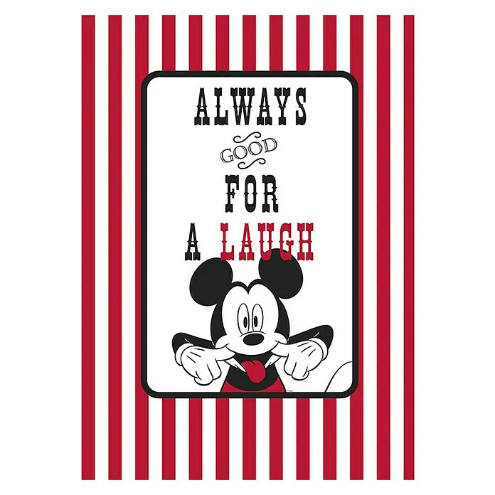 Komar Disney Edition 4 Poster Mickey Mouse Laugh - Disney, B x H: 50 x 70 cm - Poster mit Micky Maus Motiv "Always Good For A Laugh" auf rot-weiß gestreiftem Hintergrund für fröhliche Akzente in jedem Raum.