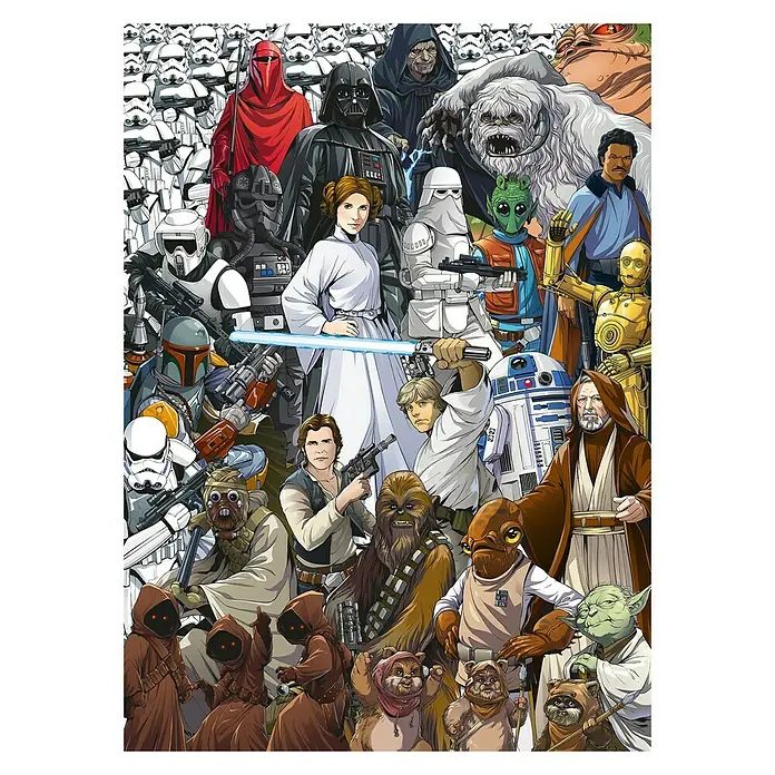 Komar Star Wars Fototapete Cartoon Collage - 4 -tlg., B x H: 184 x 254 cm, Papier - Star Wars-Figuren, darunter Darth Vader, Luke Skywalker und Prinzessin Leia, vereint in einem farbenfrohen Gruppenbild.