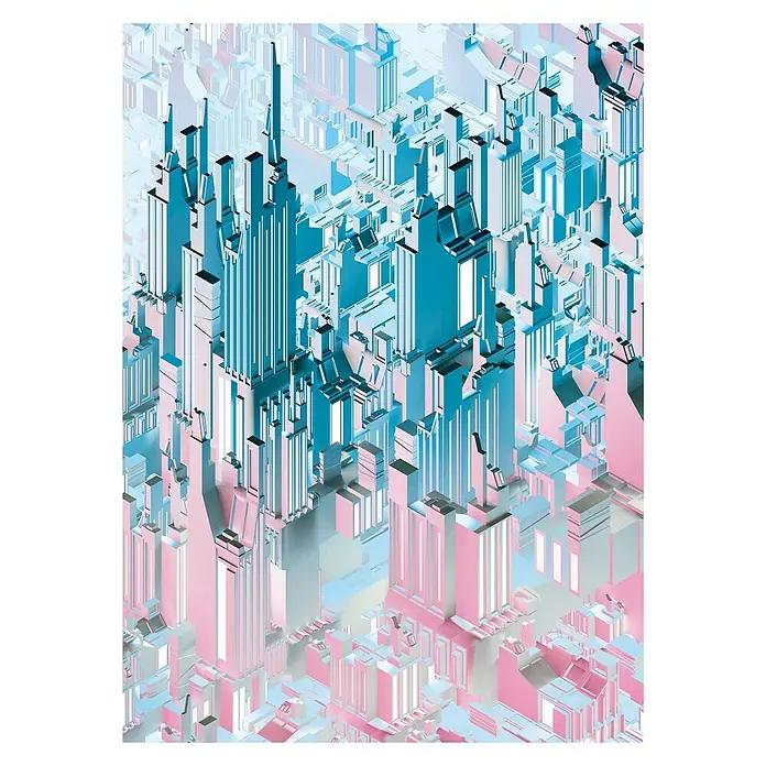 Komar Imagine Edition 3 - Stories Fototapete Duplex - 4 -tlg., B x H: 184 x 254 cm, Papier - Ansicht einer futuristischen Stadtlandschaft in Rosa- und Blautönen, die ein Gefühl von Innovation und architektonischer Kreativität vermittelt.