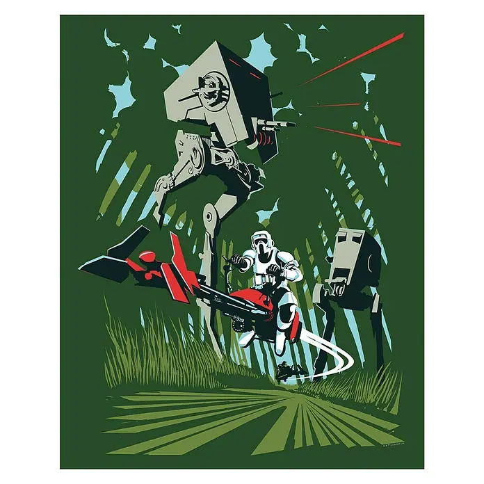 Komar Star Wars Poster Vector Endor - Star Wars, B x H: 30 x 40 cm - Dieses Bild zeigt ein Star Wars-Poster mit einem Sturmtruppler auf einem Speederbike in einer actionreichen Szene mit AT-STs.