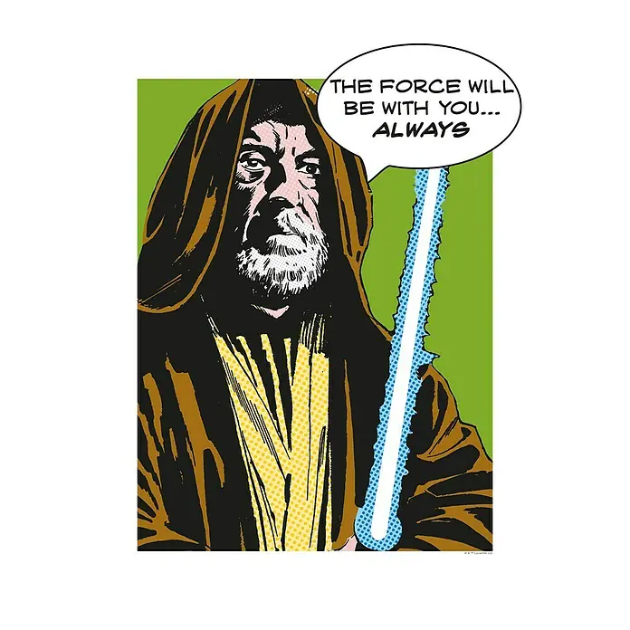 Komar Star Wars Poster Comic Quote Obi Wan - Star Wars, B x H: 50 x 70 cm - Star Wars Obi-Wan Kenobi Kunstdruck im Comic-Stil. Der Druck zeigt Obi-Wan mit seinem Lichtschwert und der Botschaft: "Möge die Macht mit dir sein".