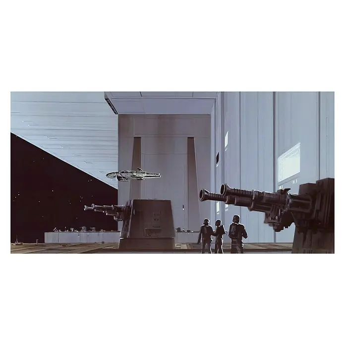 Komar Star Wars Fototapete RMQ Death Star Hangar - 10 -tlg., B x H: 500 x 250 cm, Vlies - Illustration von Star Wars mit einem Schiff und Geschütztürmen.