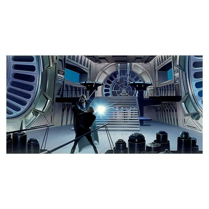Komar Star Wars Fototapete RMQ Duell Throneroom - 10 -tlg., B x H: 500 x 250 cm, Vlies - Eine Illustration von Darth Vader und Luke Skywalker im Kampf mit Lichtschwertern in einer Szene aus Star Wars.