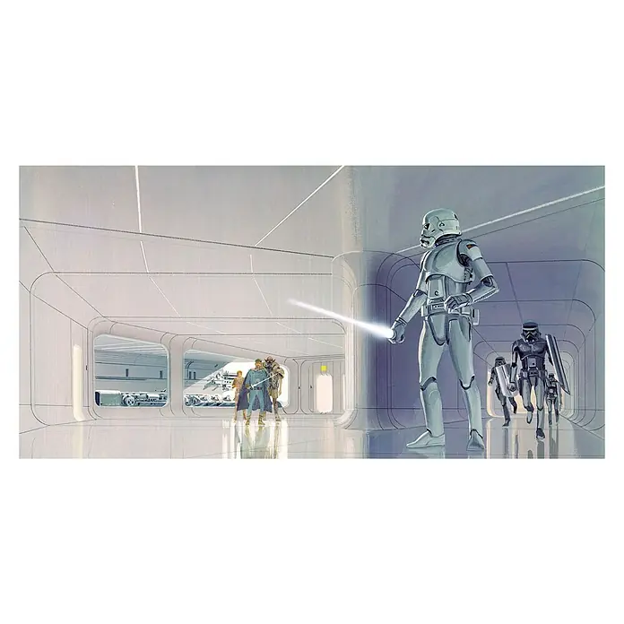 Komar Star Wars Fototapete RMQ Stormtrooper Hallway - 10 -tlg., B x H: 500 x 250 cm, Vlies - Illustration eines Star Wars-Szenarios mit einem Trooper und Robotern. Die Szene spielt in einem hellen, futuristischen Gang.
