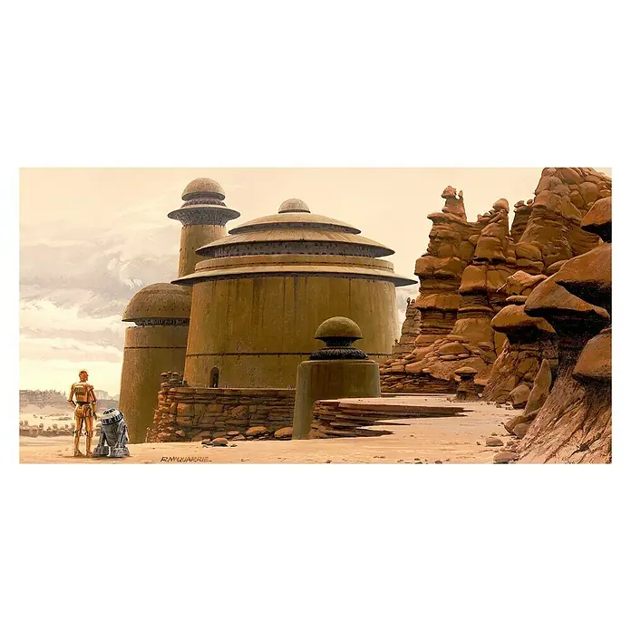 Komar Star Wars Fototapete RMQ Jabbas Palace - 10 -tlg., B x H: 500 x 250 cm, Vlies - Szene aus Star Wars mit C-3PO, R2-D2 und architektonischen Elementen des Planeten Tatooine, inspiriert von Konzeptzeichnungen.
