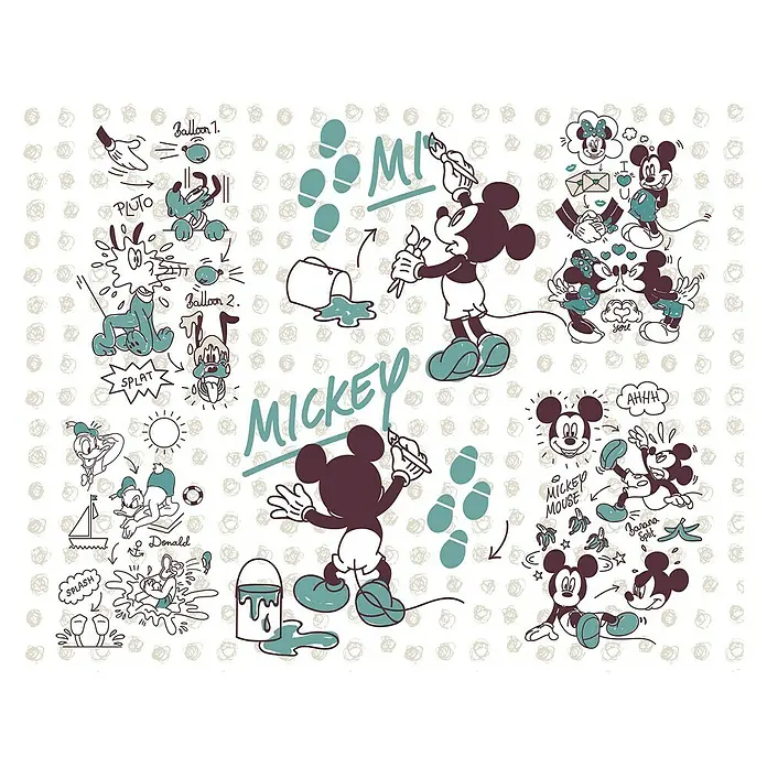 Komar Disney Edition 4 Fototapete Mickey & Friends - 7 -tlg., B x H: 350 x 280 cm, Vlies - Eine Illustration mit Mickey Mouse und anderen Disney-Figuren in verschiedenen Posen, die eine nostalgische und verspielte Atmosphäre erzeugt.