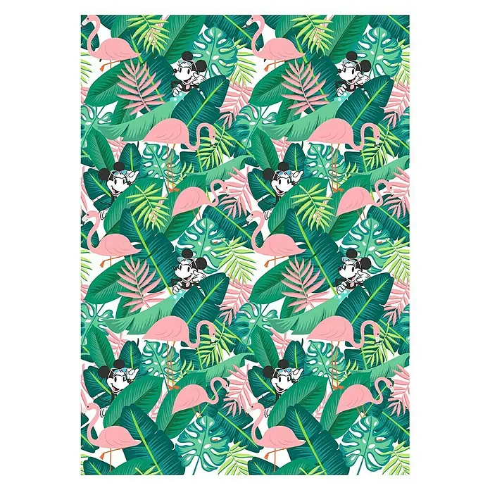 Komar Disney Edition 4 Fototapete Minnie Tropical - 4 -tlg., B x H: 200 x 280 cm, Vlies - Tropisches Muster mit Flamingos, Blättern und einer lächelnden Mickey Mouse Figur für lebendige Designs.