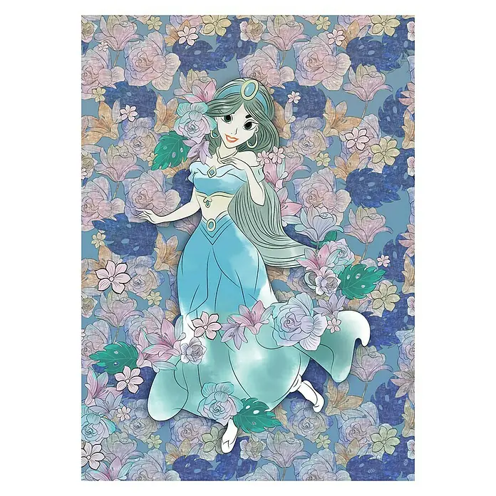 Komar Disney Edition 4 Fototapete Jasmin Colored Flowers - 4 -tlg., B x H: 200 x 280 cm, Vlies - Aquarell-Illustration der Prinzessin Jasmin in ihrem blauen Kleid, umgeben von Blumen vor einem floralen Hintergrund.
