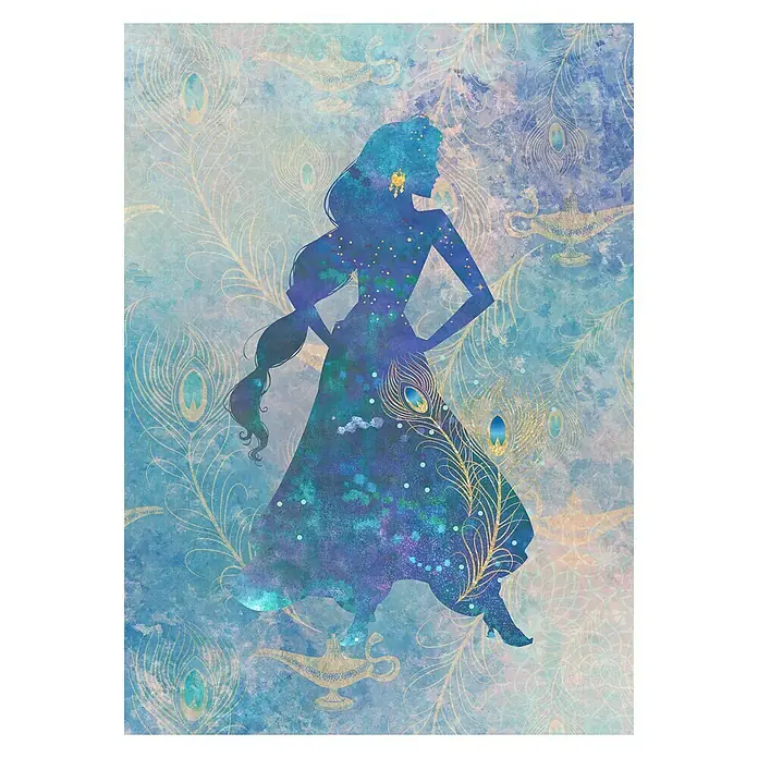 Komar Disney Edition 4 Fototapete Jasmin Silhouette - 4 -tlg., B x H: 200 x 280 cm, Vlies - Silhouette von Prinzessin Jasmin mit Pfauenfedern und magischen Lampen auf einem blauen Hintergrund. Ein märchenhaftes Dekorationsstück.
