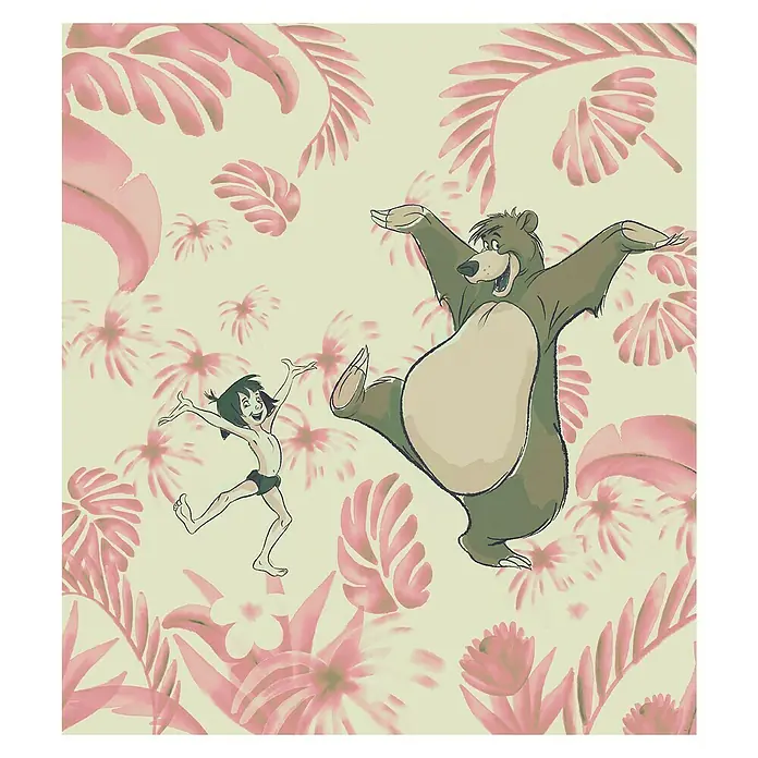 Komar Disney Edition 4 Fototapete Dance the Jungle - 5 -tlg., B x H: 250 x 280 cm, Vlies - Fröhliches Dschungelbuch-Motiv mit Balu und Mowgli zwischen rosa Blättern und Blüten. Ein nostalgischer Hingucker für Kinderzimmer.