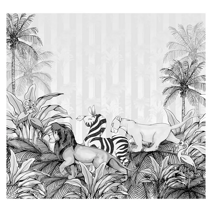 Komar Disney Edition 4 Fototapete Lion King Monochrome - 6 -tlg., B x H: 300 x 280 cm, Vlies - Schwarz-weiße Dschungeltapete mit Löwe, Zebra und Flamingos vor Palmen, ideal für ein exotisches Ambiente.