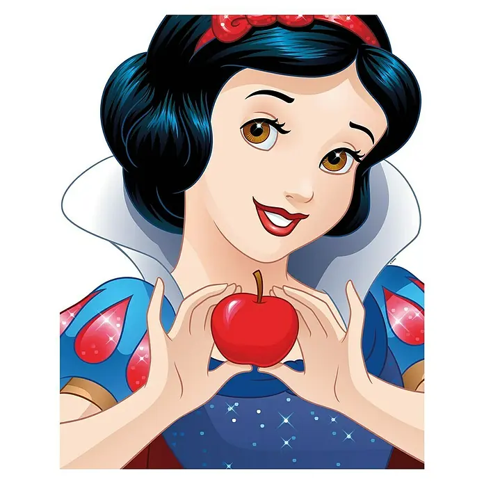 Komar Disney Edition 4 Poster Snow White Portrait - Disney, B x H: 50 x 70 cm - Schneewittchen hält einen roten Apfel in den Händen. Ein wunderschönes Bild von Schneewittchen mit dem Apfel, der ihr zum Verhängnis wird.