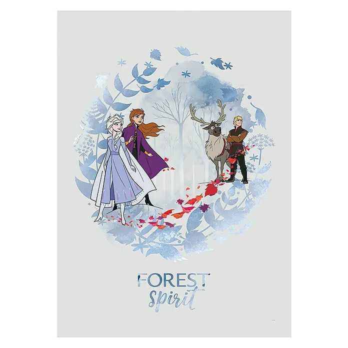Komar Disney Edition 4 Poster Frozen Spirit - Disney, B x H: 50 x 70 cm - "Die Eiskönigin 2" Poster mit Elsa, Anna, Kristoff und Sven im verzauberten Wald, ein zauberhaftes Dekorationsstück für Fans des Films.