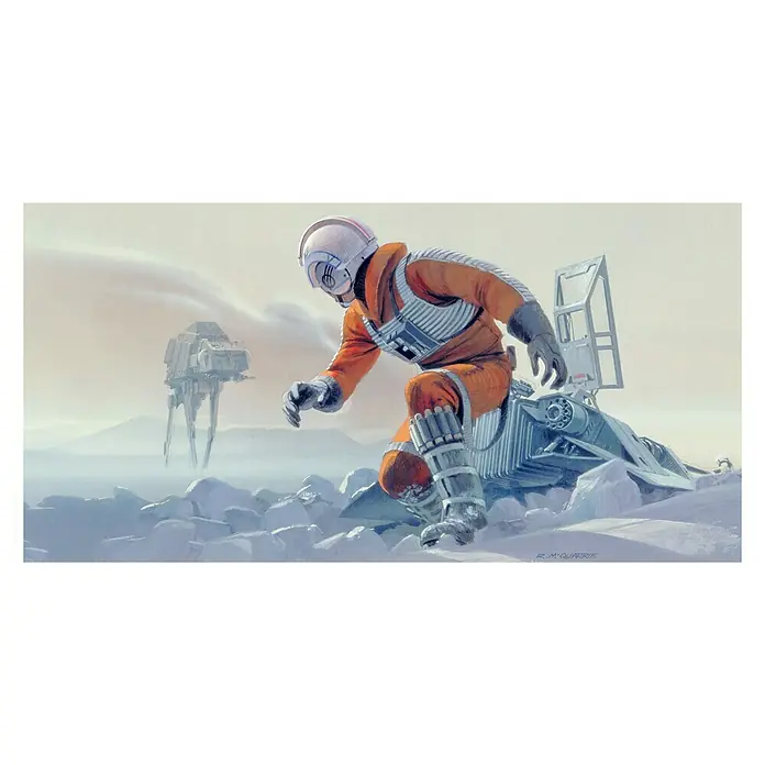 Komar Star Wars Fototapete RMQ Hoth Battle Pilot - 10 -tlg., B x H: 500 x 250 cm, Vlies - Ein Star Wars-Gemälde eines Rebellenpiloten auf Hoth neben seinem abgestürzten Snowspeeder und einem AT-AT im Hintergrund.
