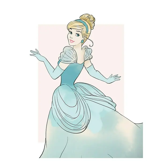 Komar Disney Edition 4 Poster Cinderella Beauty - Disney, B x H: 30 x 40 cm - Eine bezaubernde Illustration von Cinderella, die ihr ikonisches blaues Ballkleid trägt und eine einladende Geste macht, ideal für Fans des Märchens.
