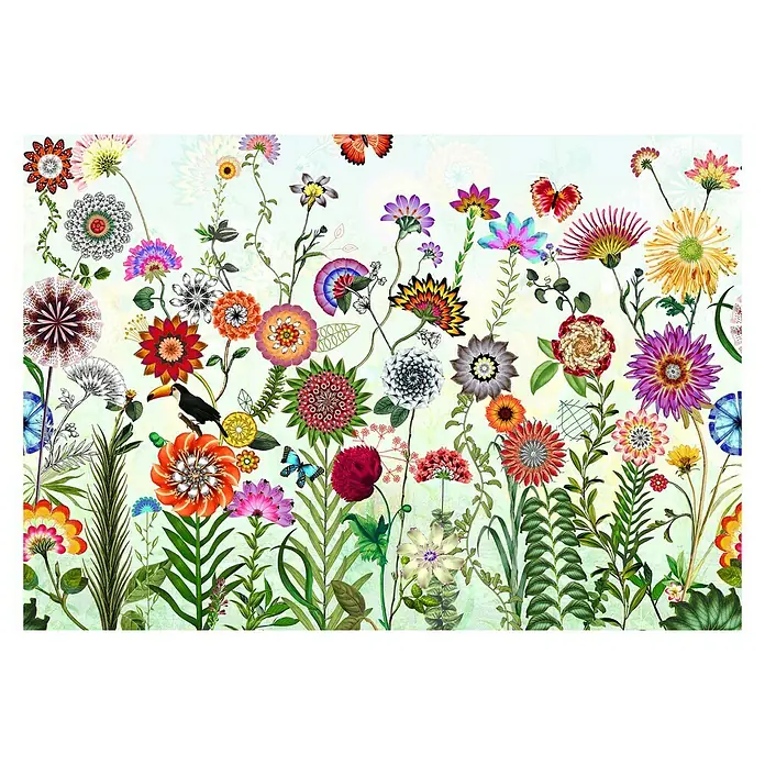 Komar Imagine Edition 3 - Stories Fototapete Brazil - 8 -tlg., B x H: 368 x 254 cm, Papier - Buntes Blumenmuster mit üppiger Flora und Fauna, ideal für auffällige Textildesigns und lebhafte Dekorationen.