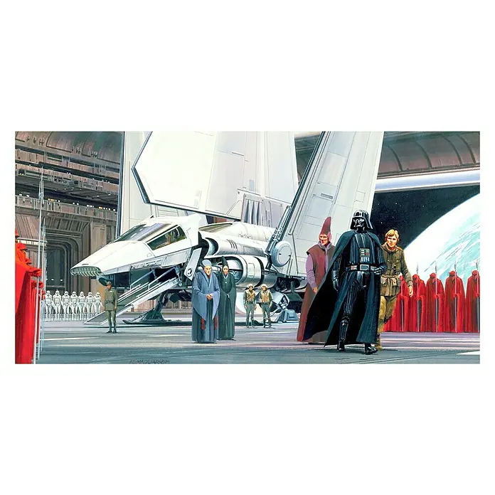 Komar Star Wars Fototapete RMQ Death Star Shuttle Dock - 10 -tlg., B x H: 500 x 250 cm, Vlies - Illustration von Darth Vader und Luke Skywalker, die ein Shuttle besteigen, mit Sturmtruppen und imperialen Wachen im Hintergrund.