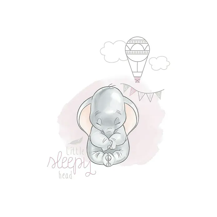 Komar Disney Edition 4 Poster Dumbo Sleepy - Disney, B x H: 50 x 70 cm - Eine bezaubernde Illustration von Dumbo, dem kleinen Elefanten, wie er friedlich schläft, umgeben von sanften Rosatönen und einem Heißluftballon.