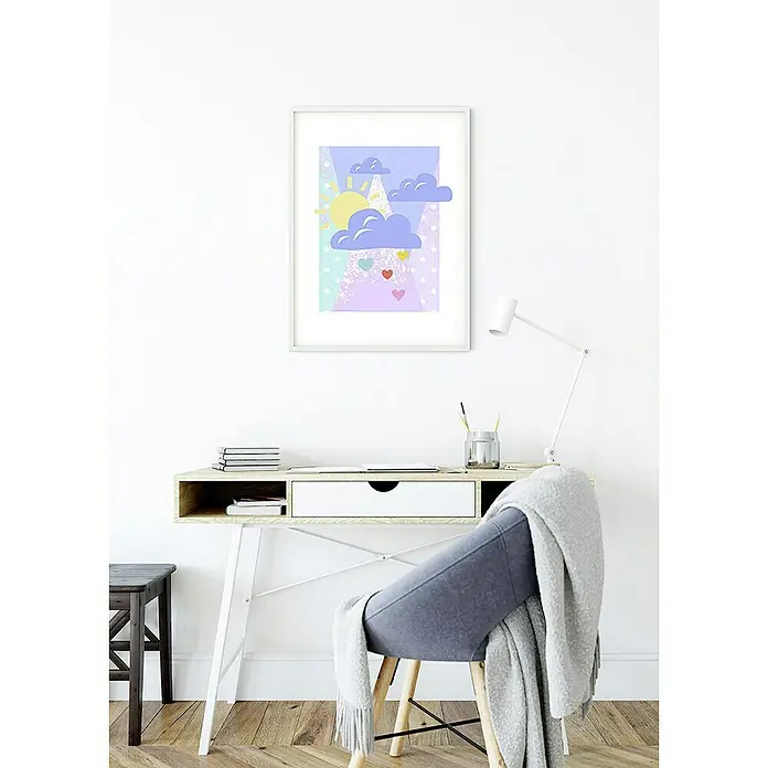 Komar Disney Edition 4 Poster Winnie Pooh Clouds - Disney, B x H: 40 x 50 cm - Ein farbenfrohes Kinderzimmer-Wandbild mit Sonne, Wolken und Herzen, das eine verspielte und fröhliche Atmosphäre schafft.