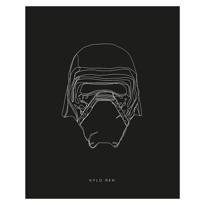 Komar Star Wars Poster Lines Dark Side Kylo Ren - Star Wars, B x H: 40 x 50 cm - Ein minimalistisches Kunstwerk von Kylo Rens Helm, dargestellt durch eine einzelne, durchgehende weiße Linie auf schwarzem Hintergrund.