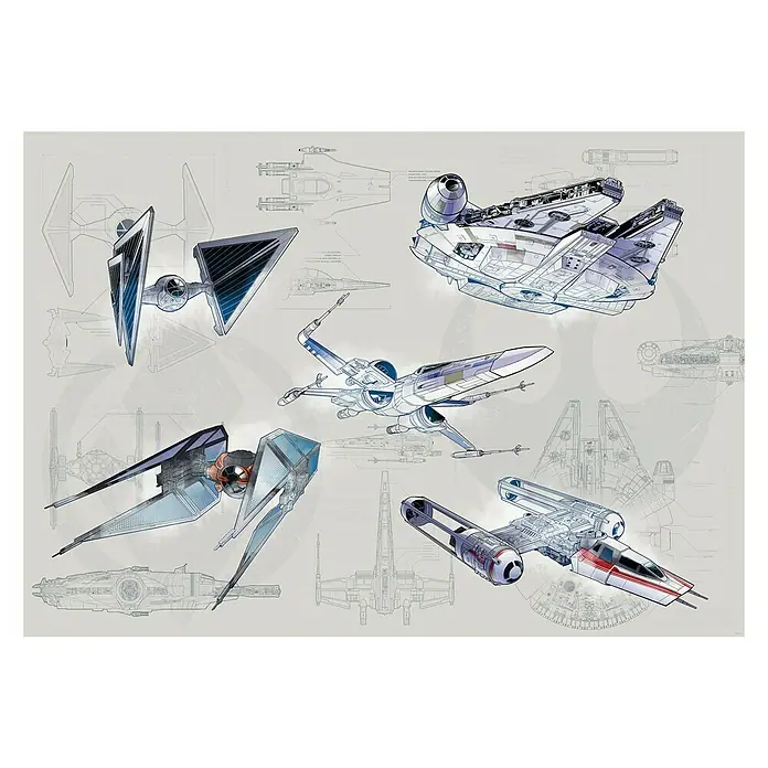 Komar Star Wars Fototapete Blueprint Light - 8 -tlg., B x H: 400 x 280 cm, Vlies - Star Wars Baupläne mit X-Wing, Y-Wing, Millennium Falcon, TIE-Jäger und TIE-Abfangjäger in technischer Skizzen-Optik.