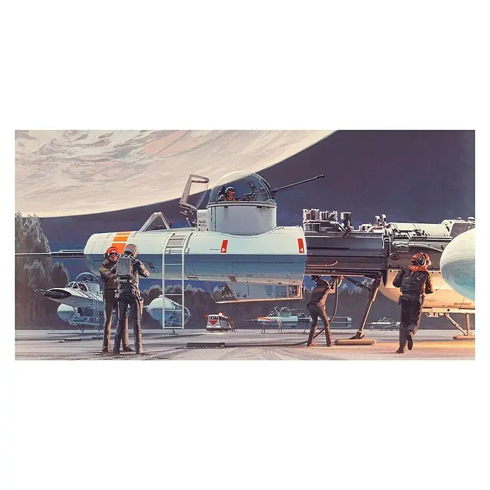 Komar Star Wars Fototapete RMQ Yavin Hangar - 10 -tlg., B x H: 500 x 250 cm, Vlies - Detailreiche Sci-Fi-Szene mit Raumschiffen und Raumfahrern vor einem planetaren Hintergrund.