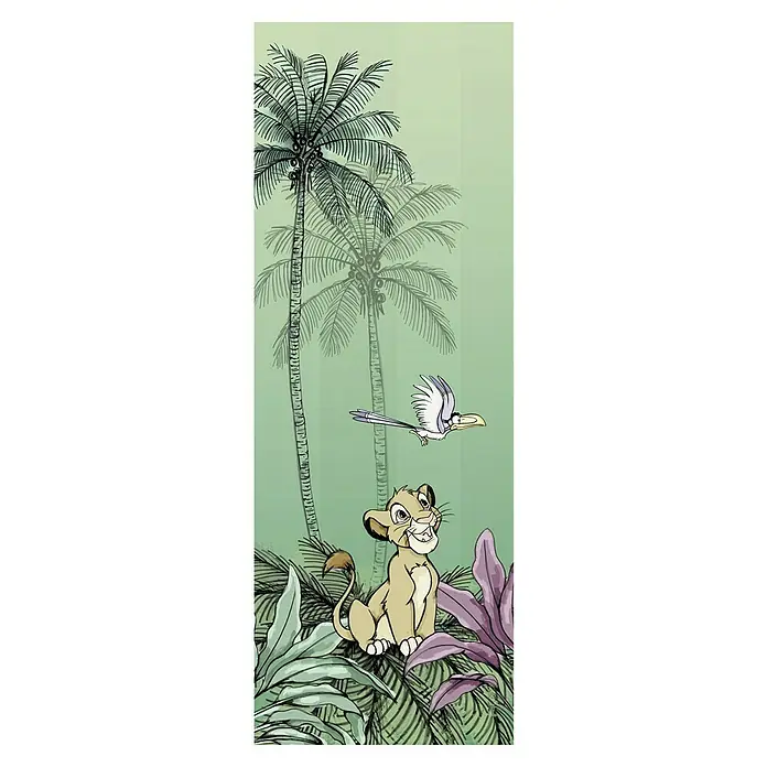 Komar Disney Edition 4 Fototapete Jungle Simba - 2 -tlg., B x H: 100 x 280 cm, Vlies - Dschungel-Illustration mit einem jungen Löwen, einem fliegenden Vogel und tropischen Pflanzen, die eine wilde und verspielte Atmosphäre schafft.
