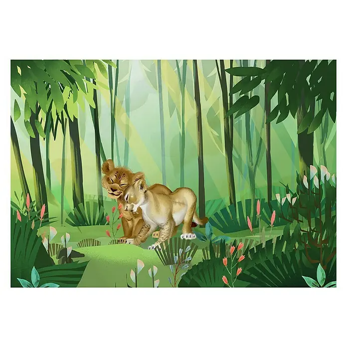 Komar Disney Edition 4 Fototapete Lion King Love - 8 -tlg., B x H: 400 x 280 cm, Vlies - Zwei verspielte Löwenjunge kuscheln im Dschungel, während das Licht durch die Bäume scheint. Ein farbenfrohes und fröhliches Naturbild.