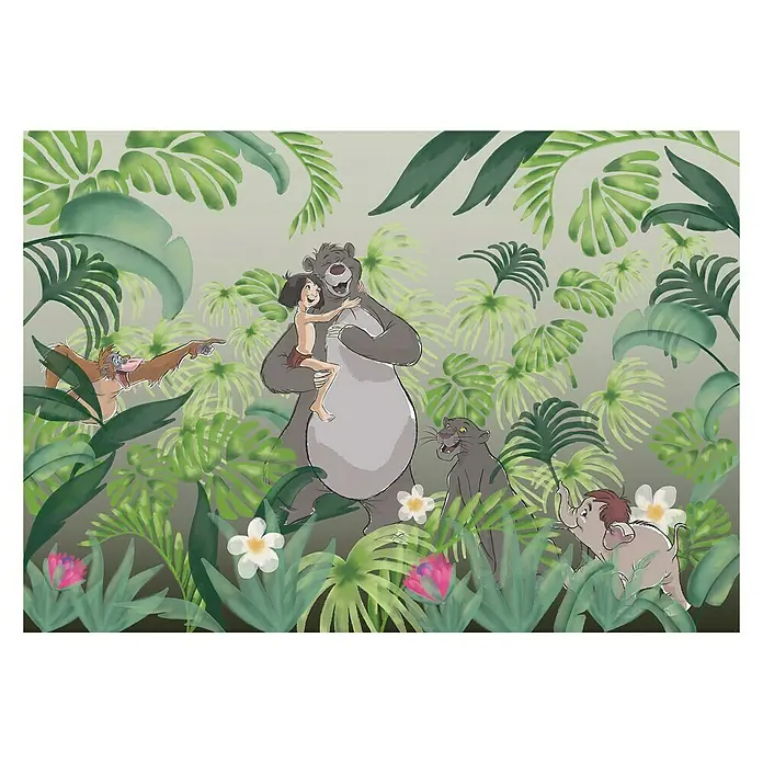 Komar Disney Edition 4 Fototapete Welcome to the Jungle - 8 -tlg., B x H: 400 x 280 cm, Vlies - Das Dschungelbuch-Motiv zeigt Mowgli, Balu, Baghira, Hathi Jr. und King Louie in üppiger, grüner Dschungelkulisse mit bunten Blumen.