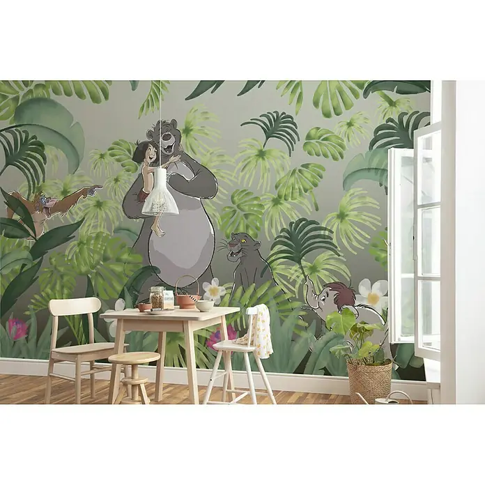 Komar Disney Edition 4 Fototapete Welcome to the Jungle - 8 -tlg., B x H: 400 x 280 cm, Vlies - Kinderzimmer mit Dschungelbuch-Tapete mit Balu, Mogli und anderen Charakteren, die eine lebendige und fantasievolle Atmosphäre schaffen.