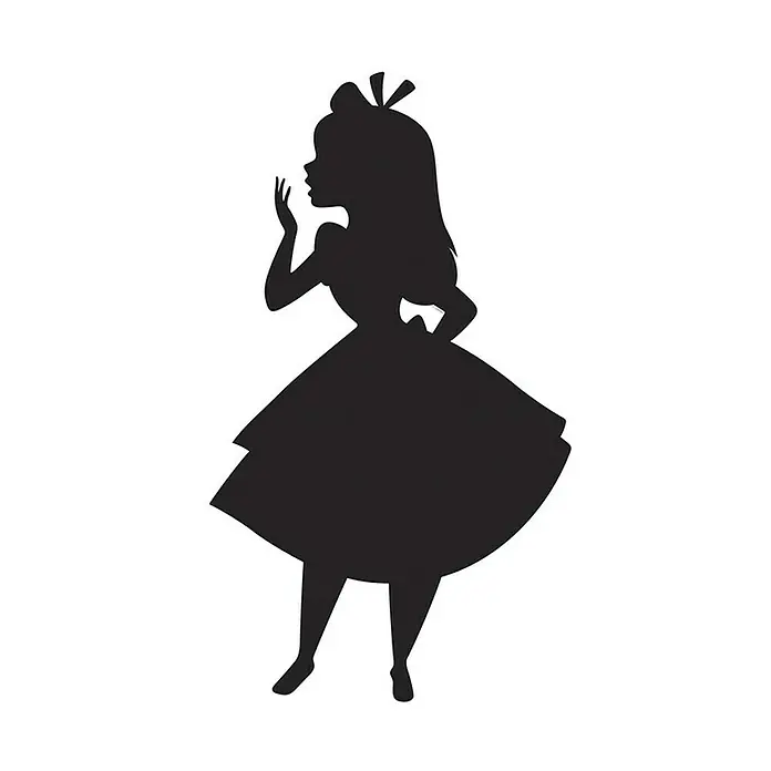 Komar Disney Edition 4 Poster Alice Silhouette - Disney, B x H: 40 x 50 cm - Alice im Wunderland Silhouette. Schwarze Silhouette von Alice, die ihre Hand zum Gruß erhebt, auf einem weißen Hintergrund.