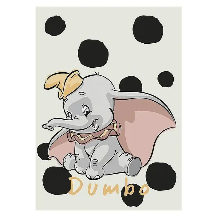 Komar Disney Edition 4 Poster Dumbo Dots - Disney, B x H: 50 x 70 cm - Dumbo, der beliebte Elefant, sitzt in dieser entzückenden Illustration vor schwarzen Punkten auf einem hellen Hintergrund.
