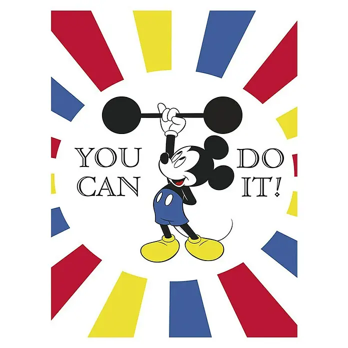 Komar Disney Edition 4 Poster Mickey Mouse Do It - Disney, B x H: 30 x 40 cm - Motivationsposter mit Micky Maus beim Gewichtheben und der Aufschrift "You Can Do It!".
