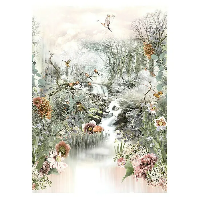 Komar Imagine Edition 3 - Stories Fototapete Fable - 4 -tlg., B x H: 184 x 254 cm, Papier - Verträumte Waldtapete mit Wasserfall, Vögeln und Blumen für eine märchenhafte Atmosphäre in Ihrem Zuhause.