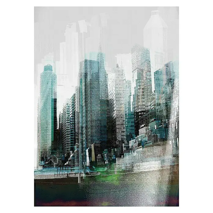 Komar Imagine Edition 3 - Stories Fototapete Rush - 4 -tlg., B x H: 184 x 254 cm, Papier - Abstrakte Darstellung einer Stadtlandschaft mit hohen Gebäuden und einem Gewässer.