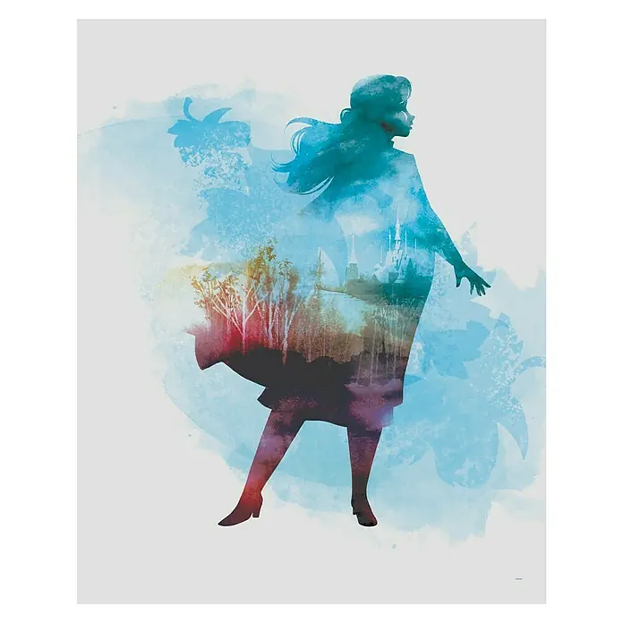 Komar Disney Edition 4 Poster Frozen Anna Aquarell - Disney, B x H: 30 x 40 cm - Dieses Poster zeigt eine silhouettierte Anna aus "Die Eiskönigin" mit einer Winterlandschaft und Schloss im Inneren.